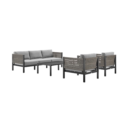 Armen Living Cuffay 4 Piece Outdoor Patio Furniture Set in Black Aluminum and Rope with Gray Cushions 840254332447